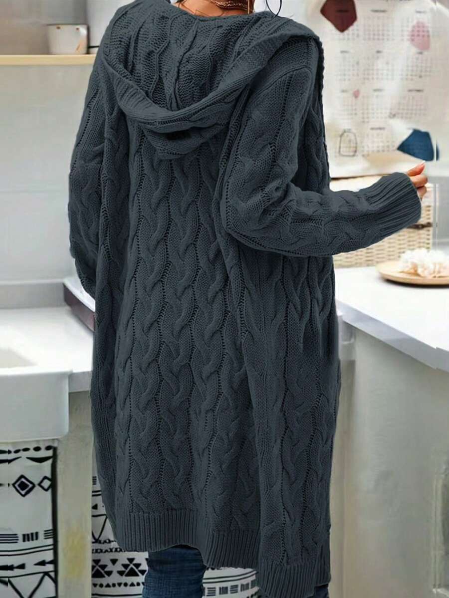1pc Cable Knit Hooded Cardigan,Ladies Late Fall Casual Cable-Knit Drop Shoulder Hooded Loose Dark Grey Plain Women Cardigans,Casual Daily Wear,Long Sleeve Tops - Dark Grey - View 1