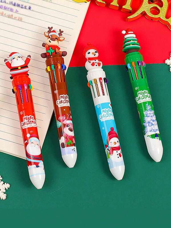 Cartoon Christmas Ten-Color Pen, Creative Handbook Color Oil Pen, Christmas 10-Color Retractable Ballpoint Pen, Cute Christmas Gift, Suitable For Office, Party Gift