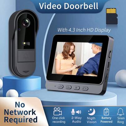 Intelligent Two-Way Interphone Video Doorbell, 4.3-Inch 1080P HD Display, HD Night Vision Function, 170° Angle of View, No Wireless Network, SD Card Storage Support, Doorbell with Screen, Visual Doorbell, Intelligent Doorbell, Wireless Doorbell, Battery/USB Dual Power Supply, Rechargeable Lithium Polymer Battery, Doorbell Camera, Smart Video Doorbell High-Definition Surveillance Camera, Home Video Doorbell