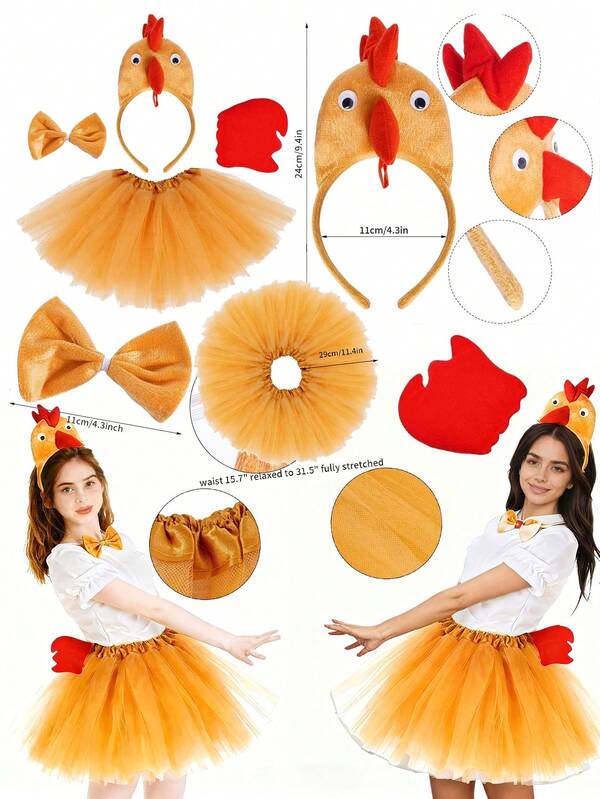 4 Stücke süßes Hühner 3D Tier Kostüm Set, 3D Hühner Kopfstück, Pferdeschwanz, flauschiger Rock Set, geeignet für verschiedene Festivals/Themenpartys/Junggesellenabschiede, Halloween und Weihnachten Rollenspiel-Partys