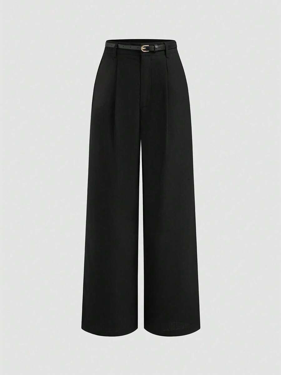 女式纯色时尚百褶直筒休闲裤 - 墨黑 - 查看 1