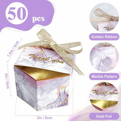 50Pcs Marble Pattern Thank You Candy Boxes With Gold Foil & Ribbon - Elegant Mini Gift Boxes For Wedding, Bridal Shower, Birthday, Baby Shower & Party Favors