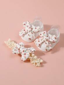 0-1岁婴儿发带袜子套装，女宝宝蝴蝶结发带1个+防滑地板袜1双 - 彩色 - 查看 2