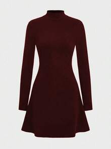 优雅休闲修身保暖高领长袖针织连衣裙 春季 - 酒紅色 - 查看 3