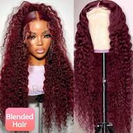 200% Density 99J Burgundy Curly Wave Frontal Wig Transparent 13x4 Lace Front Synthetic Hair Human Blended Hair Wigs For Women Deep Curly Wig Pre Plucked Friendly To Beginner