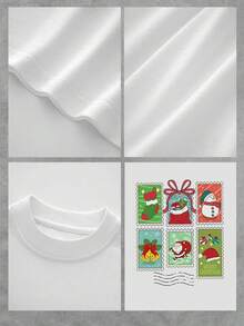 Camiseta para mujer con estampado navideño. Cómoda y elegante camiseta color marfil con un adorable Papá Noel, muñeco de nieve, campanas y adornos. Mezcla de algodón supersuave, perfecta para un estilo navideño informal. Un regalo original para esta temporada. Talla extragrande. - Blanco - Ver 4
