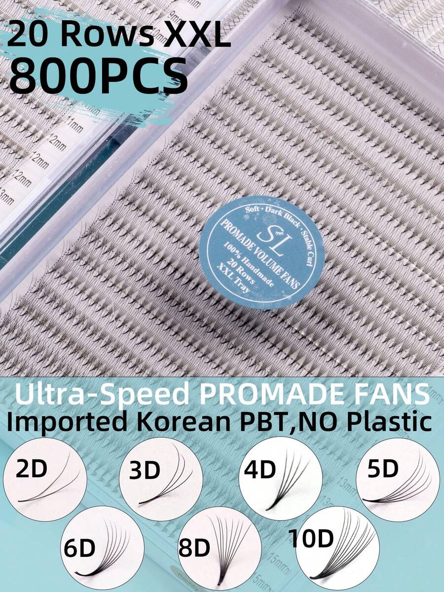 800 Stück 20 Reihen XXL Tablett Volumen 3D 4D 5D 6D 8D 10D 2D handgefertigte russische Volumen Promade Volumen Fächer Ultra-Schnell schmale spitze scharfe dünne Basis importierte koreanische PBT Faser Ultra dunkel weich C D Locken 8-15mm vorgefertigte Fächer Wimpernverlängerungen Premium Profi