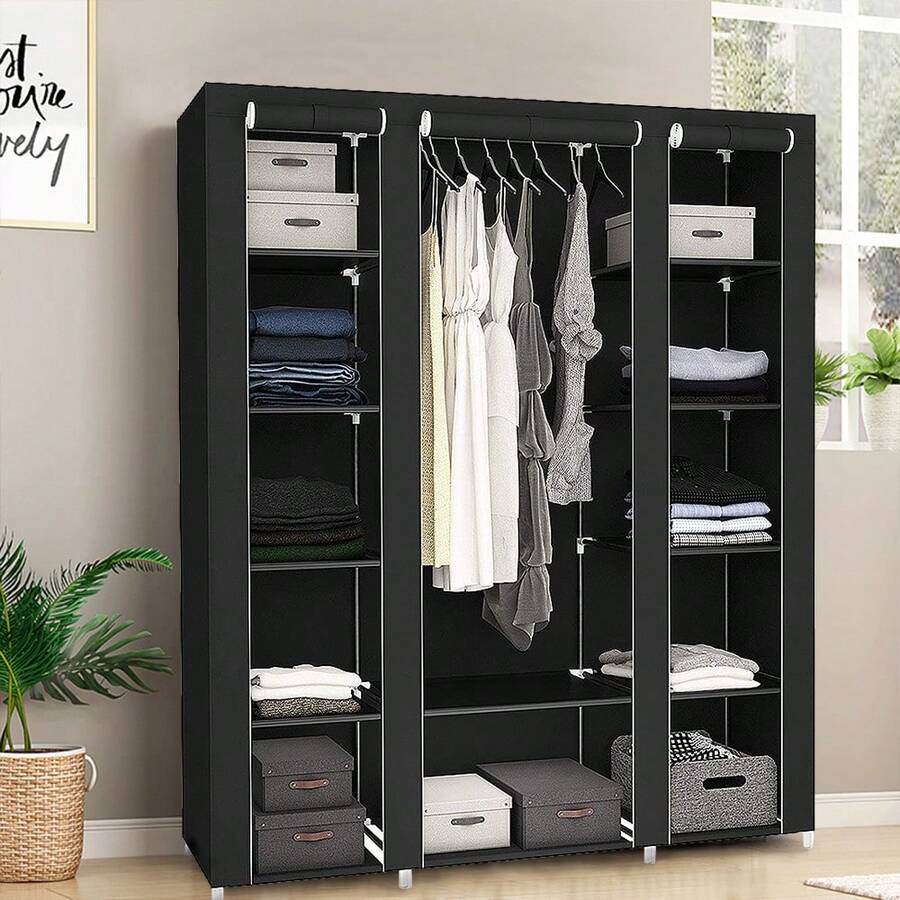 Wardrobe Fabric Wardrobe Folding Wardrobe With Clothes Rails And Pockets-172x134x34cm - màu đen - Xem 1