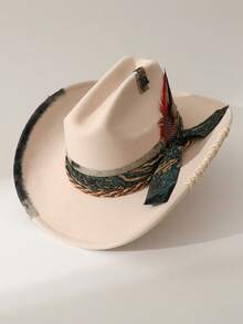 1pc Women's Fashion Solid Color Brimmed Hat, Vintage Wide Belt & Scarf Decor, Minimalist Feather Accent, Hand-Embroidered Tie Decor, Wide Brim Flattering Fit Unisex Versatile Style