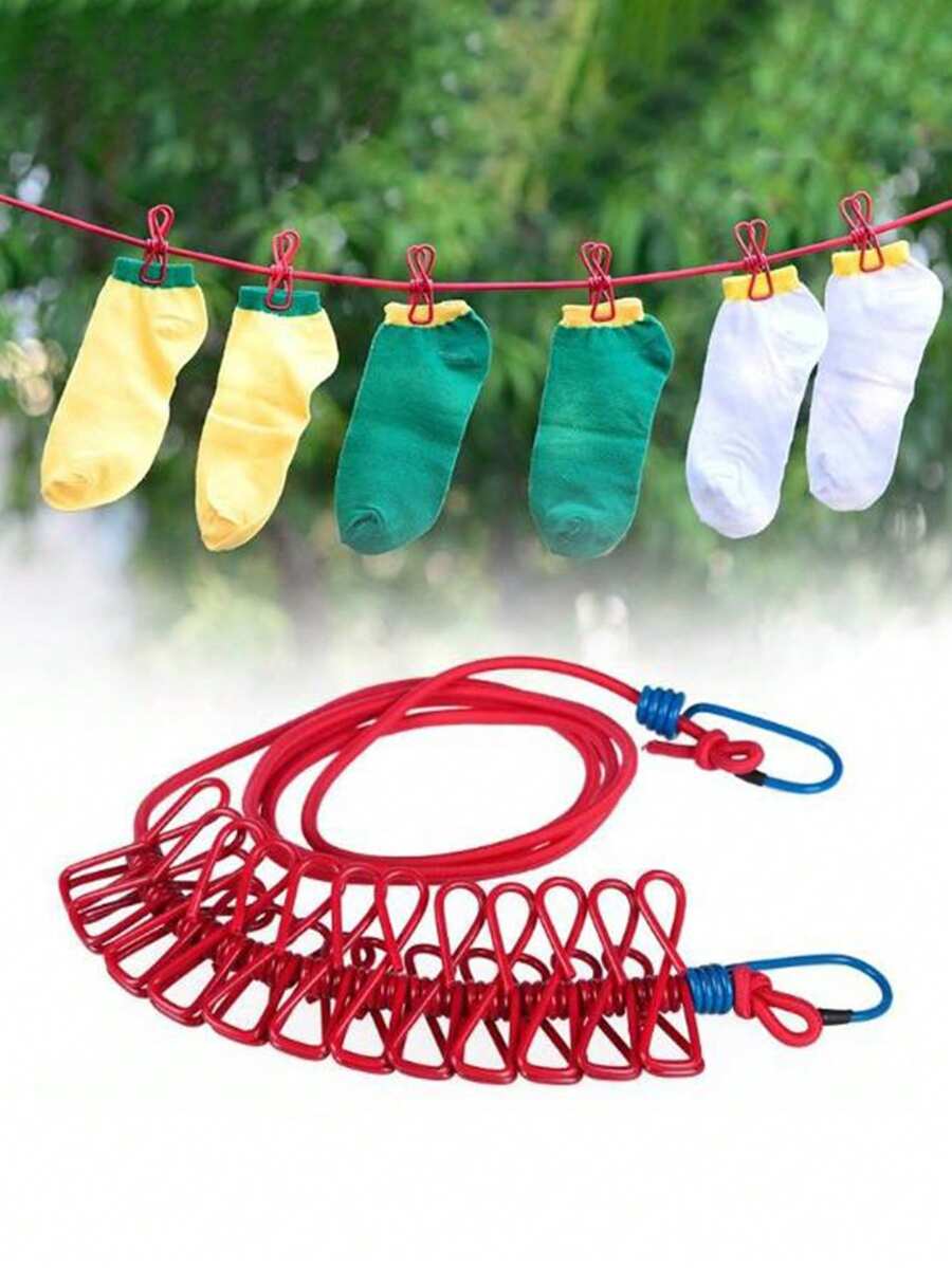 12pcs Colorful Clips Retractable Travel Clothesline Windproof Drying Rope For Outdoor Balconies And Dorm Rooms, Portable Laundry Line With Strong Clips, Easy Setup And Packable Indoor/Outdoor Drying Solution, Ideal For Camping, Travel, Small Space Living, Weather-Resistant Construction, Multi-Clip System For Securing Multiple Items, Adjustable Tension, Non-Slip Ends, Lightweight Compact Design - Multicolor - View 1