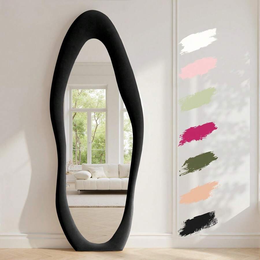 Full Length Mirror 63"X24" Irregular Full Body Wall Mounted Floor Mirror With Stand Black Flannel Wrapped Frame Leaning Hanging Wall Mirror For Bedroom Entrance,24331204,2-In-1 Leaning Wall Mirror ,Bedroom Floor Standing Mirror - 黑色 - 查看 1