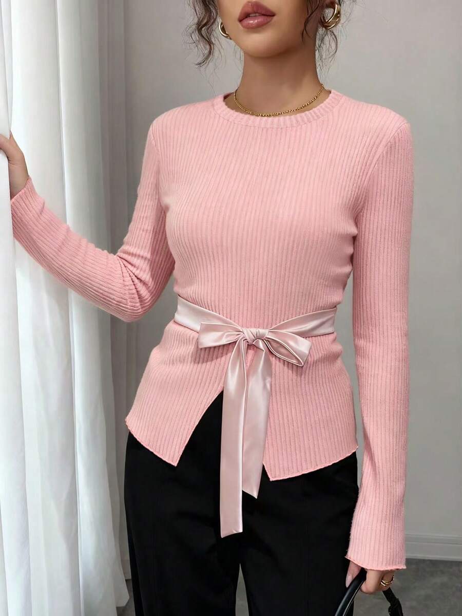 Damen elegantes T-Shirt mit rundem Ausschnitt, gerippter Optik, Schleifenvorderseite und asymmetrischem Saum, Weite Ärmel, Herbst