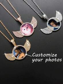 1 Customized Picture Necklace, Hip-Hop Style Personalized Pendant Necklace Jewelry, Angel Wing Necklace, Customized Picture Jewelry Gift With Pendant, Valentine's Day/Halloween/Christmas,Chic Autum, Chic Winter