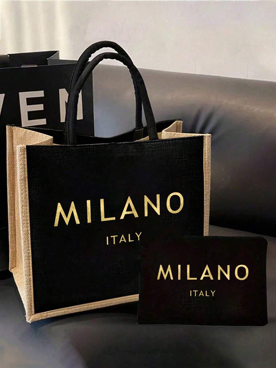 一套亚麻手提袋,包含一个印有金色“MILANO ITALY”字样的手提袋和一个图案小袋,可定制字母和花卉图案,适合婚礼、生日、海滩、节日等场合,是送给女性、母亲、教师、朋友、伴娘、学生和返校季的完美礼物。 - 彩色 - 查看 1