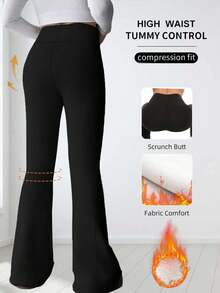 1pc Women's High Waist Solid Color Casual Warm Thermal Lined Flare Pants, Winter Fitness Thick Warm Leggings, Soft Yoga Pants, Slim Fit Flare Trousers