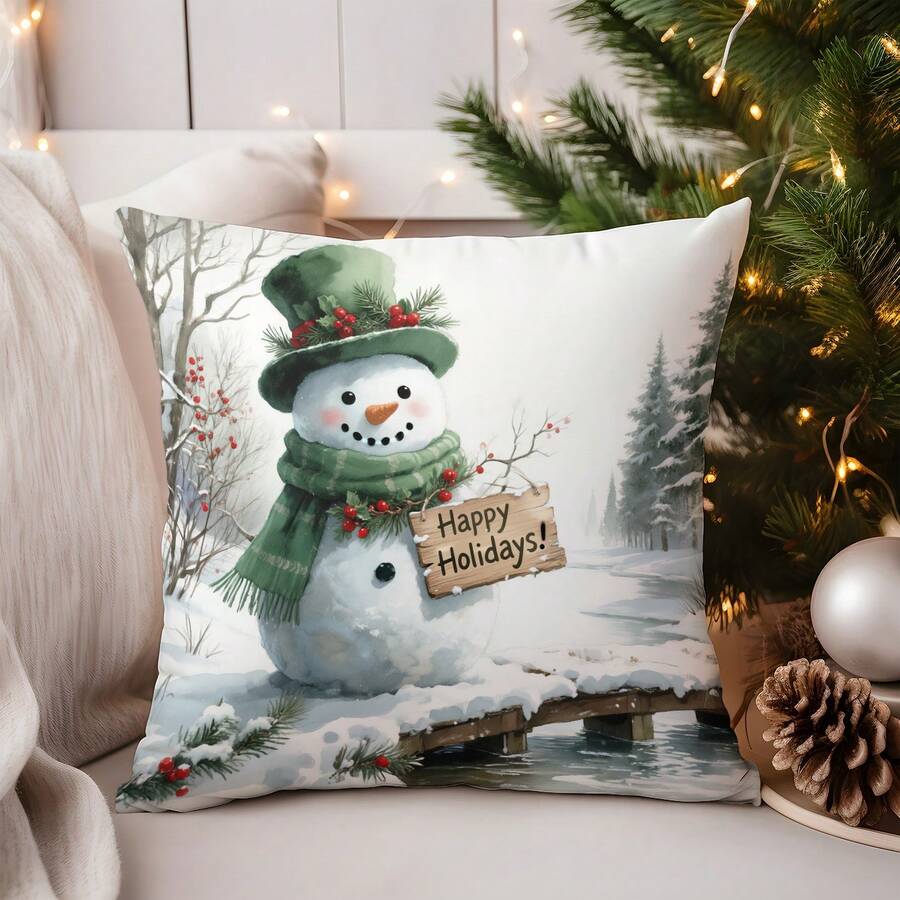 1 buc. Față de pernă decorativă cu model drăguț de om de zăpadă (inserția de pernă nu este inclusă), față de pernă imprimată pe o singură față, moale și confortabilă, potrivită pentru dormitor, sufragerie, canapea, decorare de petrecere
