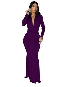 Women's Solid Color Deep V-Neck Twist Design Long Sleeve Cocktail Dress Wedding Spring Party - Purple - View 4