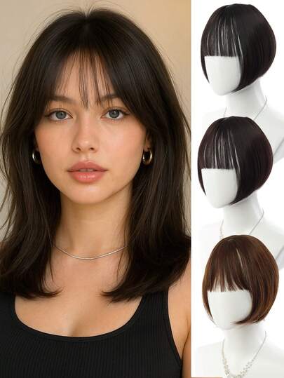 Synthetic Wigs Clip In French Air Bangs Straight Hair Natural Straight Fiber Hair Toppers For Women, Breathable & Comfortable Suitable For Women's Daily Wear And Gatherings