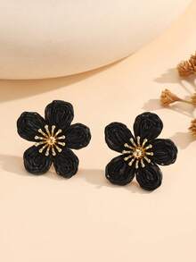 زوج من أقراط الأزهار اليدوية المنسوجة من الرافيا ذات 5 بتلات، أقراط زهرية متعددة الطبقات أنيقة، مجوهرات بطراز منعش للنساء