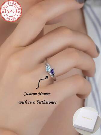 A Bespoke 925 Sterling Silver Name Ring, Engraved With Your Name And Set With Two Birthstones. Crafted From 925 Sterling Silver, It Is Perfect For Anniversaries, Birthdays, Valentine's Day, Christmas, And All Occasions. This Ring Makes An Ideal Anniversary Gift For Mothers And Partners.