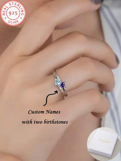 A Bespoke 925 Sterling Silver Name Ring, Engraved With Your Name And Set With Two Birthstones. Crafted From 925 Sterling Silver, It Is Perfect For Anniversaries, Birthdays, Valentine's Day, Christmas, And All Occasions. This Ring Makes An Ideal Anniversary Gift For Mothers And Partners.