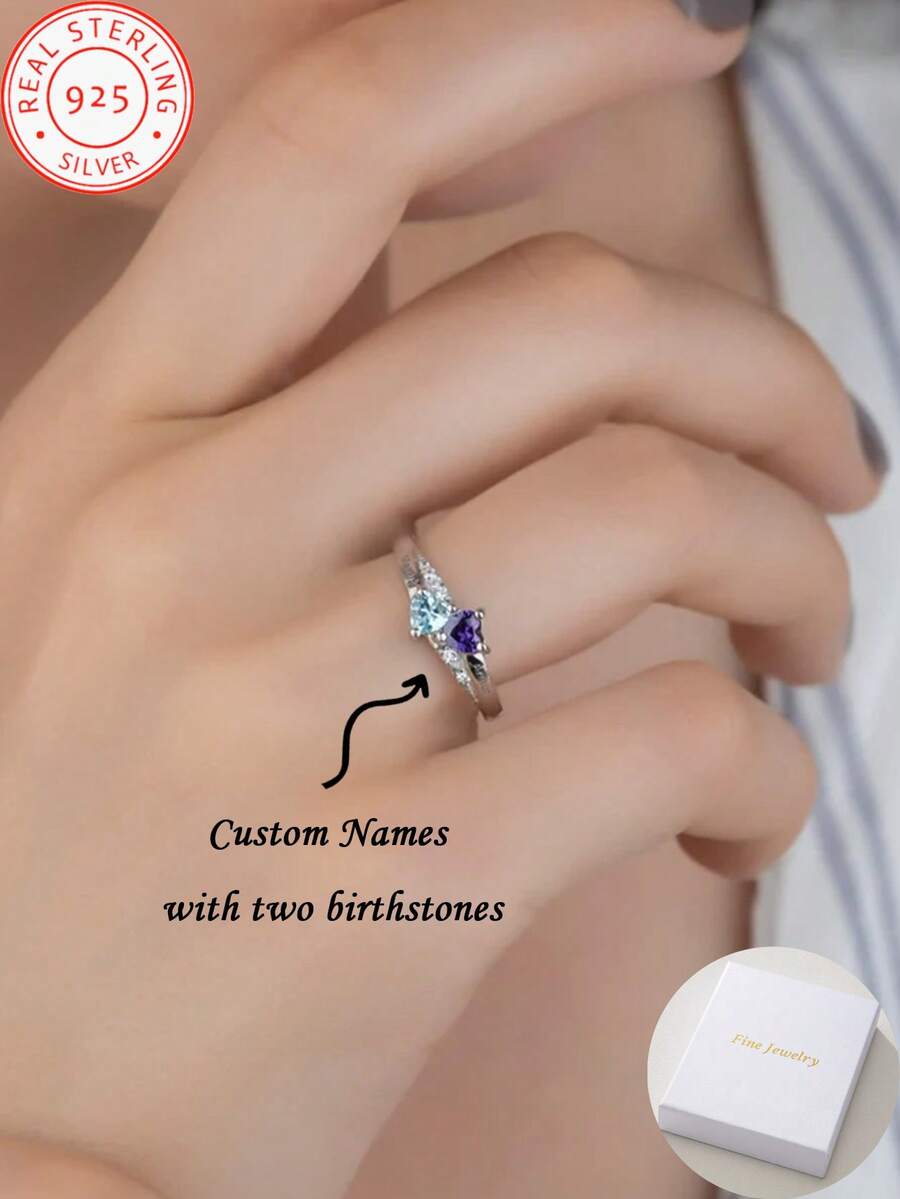 A Bespoke 925 Sterling Silver Name Ring, Engraved With Your Name And Set With Two Birthstones. Crafted From 925 Sterling Silver, It Is Perfect For Anniversaries, Birthdays, Valentine's Day, Christmas, And All Occasions. This Ring Makes An Ideal Anniversary Gift For Mothers And Partners.