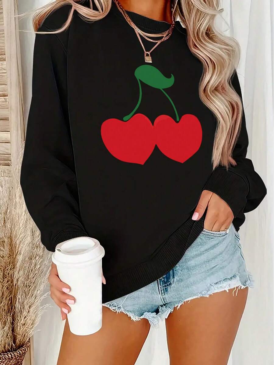 Heart-Shaped Cherry Pattern Printed Sweatshirt - Women's Casual Long-Sleeved Round Neck Autumn And Winter Sweatshirt - Machine Washable Polyester - Plus-Size Women's ClothingFashionable Women's Clothing - 黑色 - 查看 1