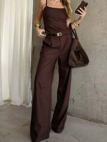 Straight-Leg, Wide-Leg Suit Pants. Floor Length - Chocolate Brown - View 2