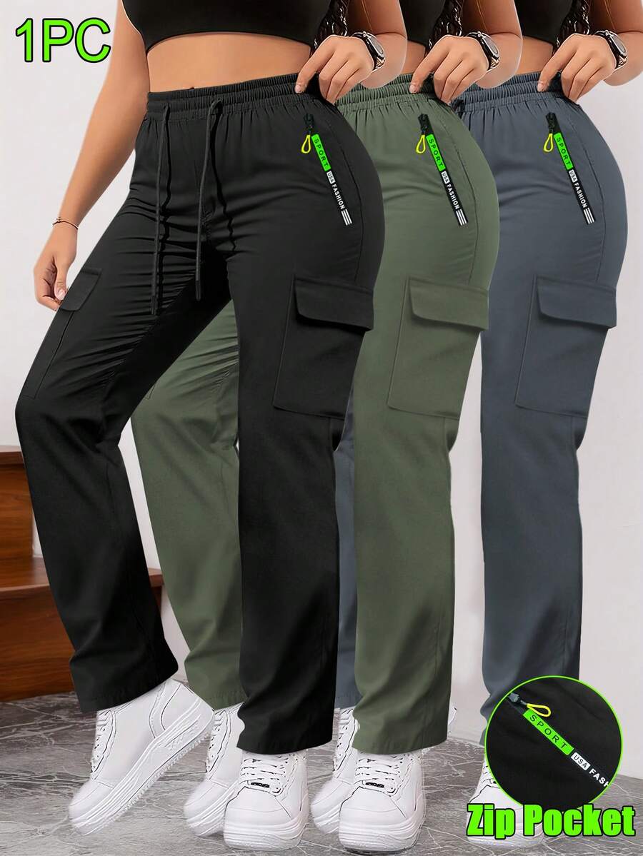 Women'S Spring/Autumn Zipper Pocket Cargo Pants, Fashion Large Pocket Design With Drawstring Elastic Waist, Casual Outdoor/Daily Wear Long Pants Tights - 黑色 - 查看 1
