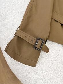 FGGG Double-Breasted Shoulder Strap Women's Brown Short Trench Coat Autumn Winter Belted Waist British Commuter Style Office Party And Streetwear Women's Jacket