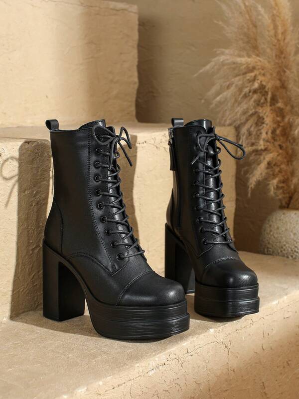 1 Pair European & American Fashion New Fairy Criss-Cross High Heel Waterproof Platform Round Toe White Mid-Calf Boots, Thick Heel, Outdoor Winter Women Boots