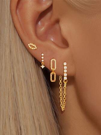 4 Pcs Sparkling 24K Gold Plated Cubic Zirconia Chain Drop Dangle Earrings For Women Stud Earrings For Women Earrings Set