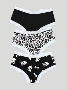 3件套豹纹、骷髅和字母印花蕾丝拼接女士低腰内裤 - 灰色 - 查看 2