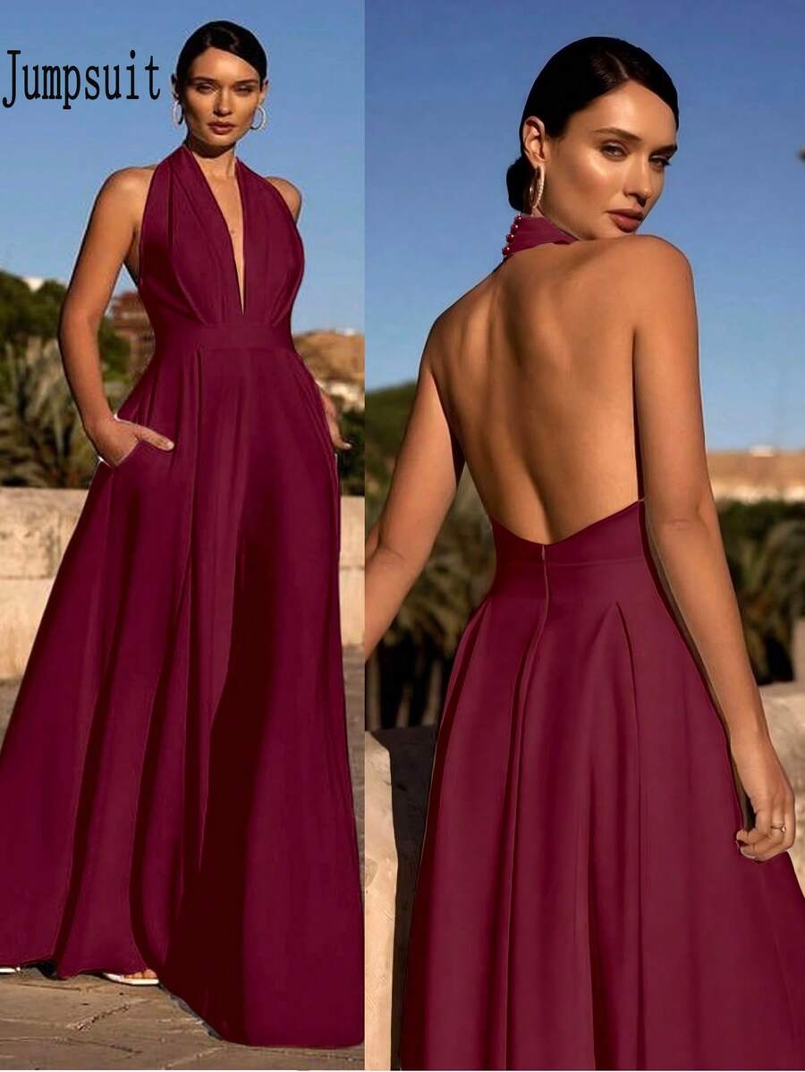 纯色针织面料露背高开衩拉链连体裤，适合节日、生日、派对、返校、单身派对、舞台和音乐会、春夏季 - 酒紅色 - 查看 1