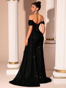 亮片露肩高腰开衩露背系带礼服，适合婚礼、晚宴、返校舞会、约会之夜、正式晚宴、生日派对、节日、家庭聚会、新年等各种场合。 - 黑色 - 查看 2