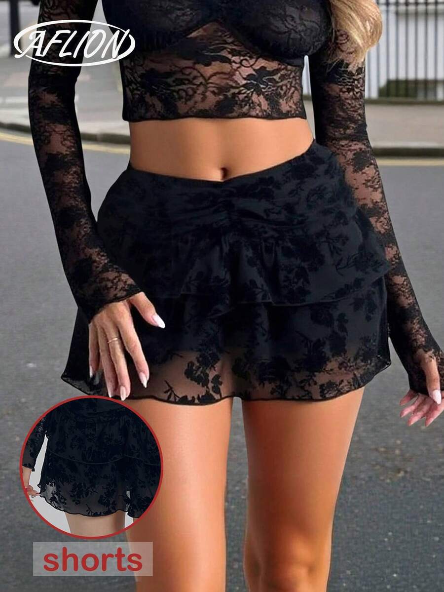 Quần váy ren đen nữ, lưới hoa hồng Paisley cổ điển, thích hợp cho lễ hội âm nhạc Y2K, tiệc lãng mạn, ngày lễ tình nhân, kèm quần lót, váy xếp ly eo thấp mini, váy bánh, xuân/thu - màu đen - Xem 1