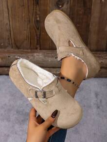 Mocasines planos de mujer con puntera redonda, forro de felpa y diseño cómodo, nuevos para el otoño/invierno 2025, de estilo minimalista y versátil, color albaricoque, zapatos casuales de estilo universitario, ligeros y cómodos, adecuados para usar en Navidad/Año Nuevo