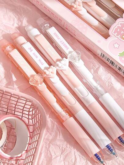 4pcs/Set Cute Pink Erasable Gel Ink Pens, Cartoon Animal & Space Exploration Pattern, Retractable Clip, 0.5mm Ballpoint, Black Ink, Suitable For Writing, Student Back To School & Office Supplies