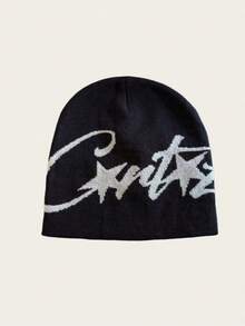 1 pieza Gorro de punto con letra de nicho, accesorio de cabeza cálido unisex adecuado para uso casual, calle, parejas, estudiantes en otoño/invierno