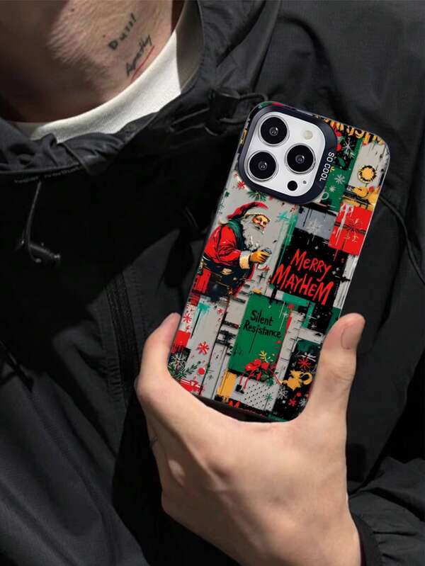 1pc Creative Santa Claus Graffiti Pattern IMD Colorful Silver Phone Case Suitable For IPhone11, 11Pro, 11ProMax, 12, 12Pro, 12ProMax, 13, 13Pro, 13ProMax, 14, 14Pro, 14PLUS, 14ProMax, 15, 15Pro, 15PLUS, 16, 16Pro, 16ProMax, 16PLUS