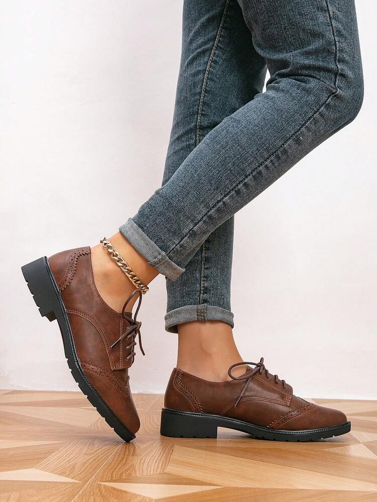 brown dress shoes for women Women's British Brogue Oxford Shoes, Vintage Lace-Up Low Heel Round Toe Flat Shoes, Preppy Style Casual Commute Office Formal Ecco dress