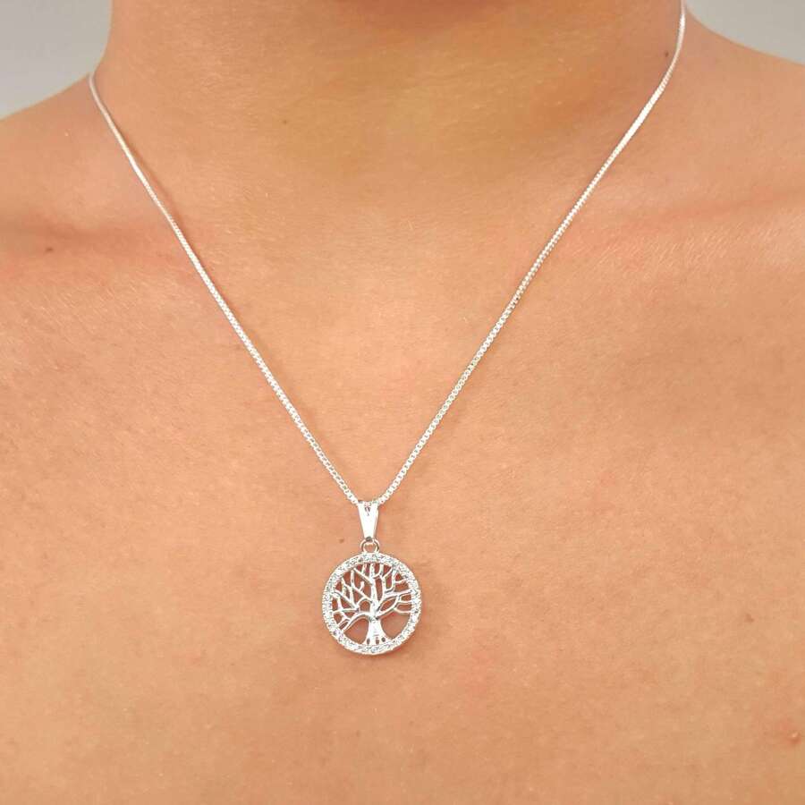 Simple And Elegant Tree Of Life Pendant Necklace, Inlaid With Zirconia, Plated In 925 Silver Or 18k Gold - Bạc - Xem 1