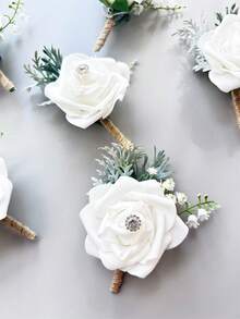1 pieza/6 piezas Flor de rosa artificial de PE Boutonnière del novio Corsage del hermano Pasador de graduación Traje de boda Flores de fiesta Decoración