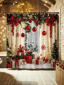 Christmas Decorations1/3/4pcs Christmas Window Scene Shower Curtain Bathroom Set, Gift Box With Bow And Snowflake Print Waterproof And Wear-Resistant Bathroom Decor And Accessories,With 12 Hooks - Includes Toilet Seat Cover, Bath Mats, And Rugs Polyester Fabric - Washable - Perfect For Holiday Decor,Home/Bedroom/House/Western/Winter Decor