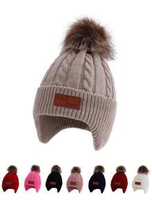 1 Stück Kinder gestrickte Beanie Mütze mit Bommel, warme Ohrenklappe Winter Kappe für Jungen und Mädchen