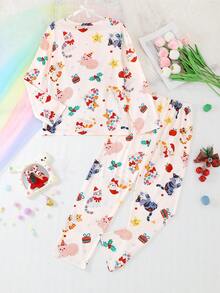 2件套少女休闲卡通圣诞小猫印花圆领长袖上衣和裤子睡衣套装，阻燃，适合所有季节及圣诞节穿着 - 杏色 - 查看 2