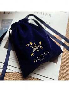 Gucci Velvet Drawstring Cosmetic Bag Purse Bag Pouch Navy Gold Drawstring For Women Purses Inner Bag - 藏蓝色 - 查看 3