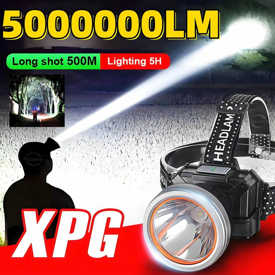 Lampu Kepala LED Isi Ulang USB 2025, Cahaya Terang 5000000LM, Lampu Depan LED Kuat, Senter Kepala Super Terang untuk Berkemah, Berburu, Multifungsi, Lampu Memancing Daya Tinggi, Tahan Air untuk Penggunaan Luar Ruangan, Ideal untuk Bersepeda Malam, Perbaikan Mobil, dan Eksplorasi Alam Liar