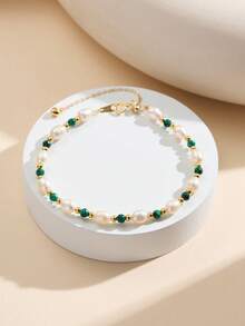 AETOLIA S925 Sterling Silver Natural Freshwater Pearl Bracelet, Handmade Original Design With Turquoise/Lapis Lazuli/Malachite/Amazonite/Garnet, Vintage Fairy Style, Adjustable Sliding Chain, Suitable For Women's Daily, Commute, Wedding Wear - Gold - View 6