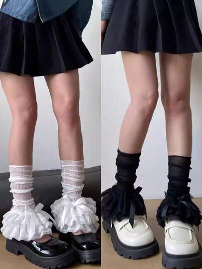 1 par de calentadores de piernas de seda fina anti-UV para mujeres, calentadores de piernas con estética de hadas de encaje, estilo japonés